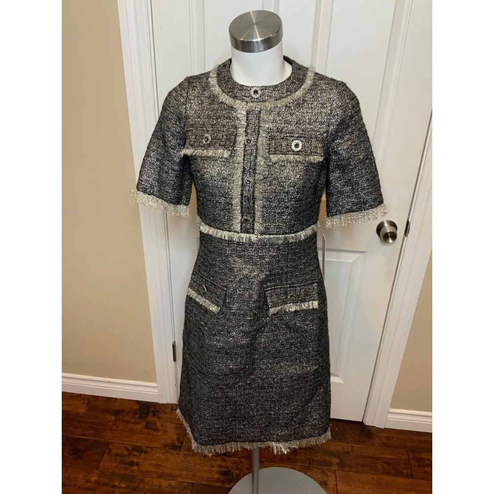 Teri Jon Rickie Freeman Silver Tweed Jewel Button Mini Dress NWT $690, Size 0